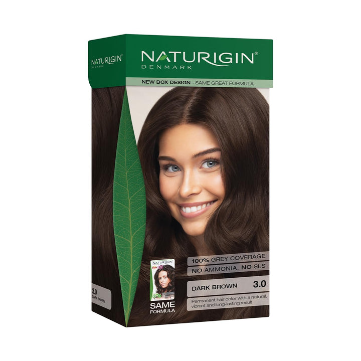 Naturigin front packaging showing shade 3.0 dark brown and benefits
