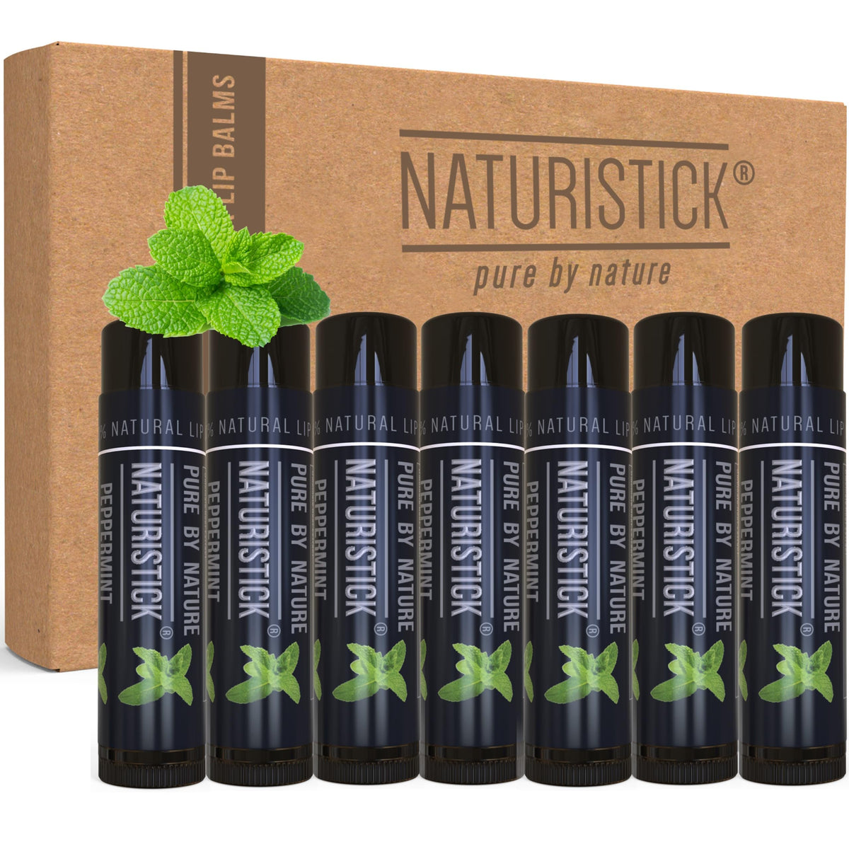 Naturistick black peppermint front packaging showing seven sealed tubes and benefit of convenient supply