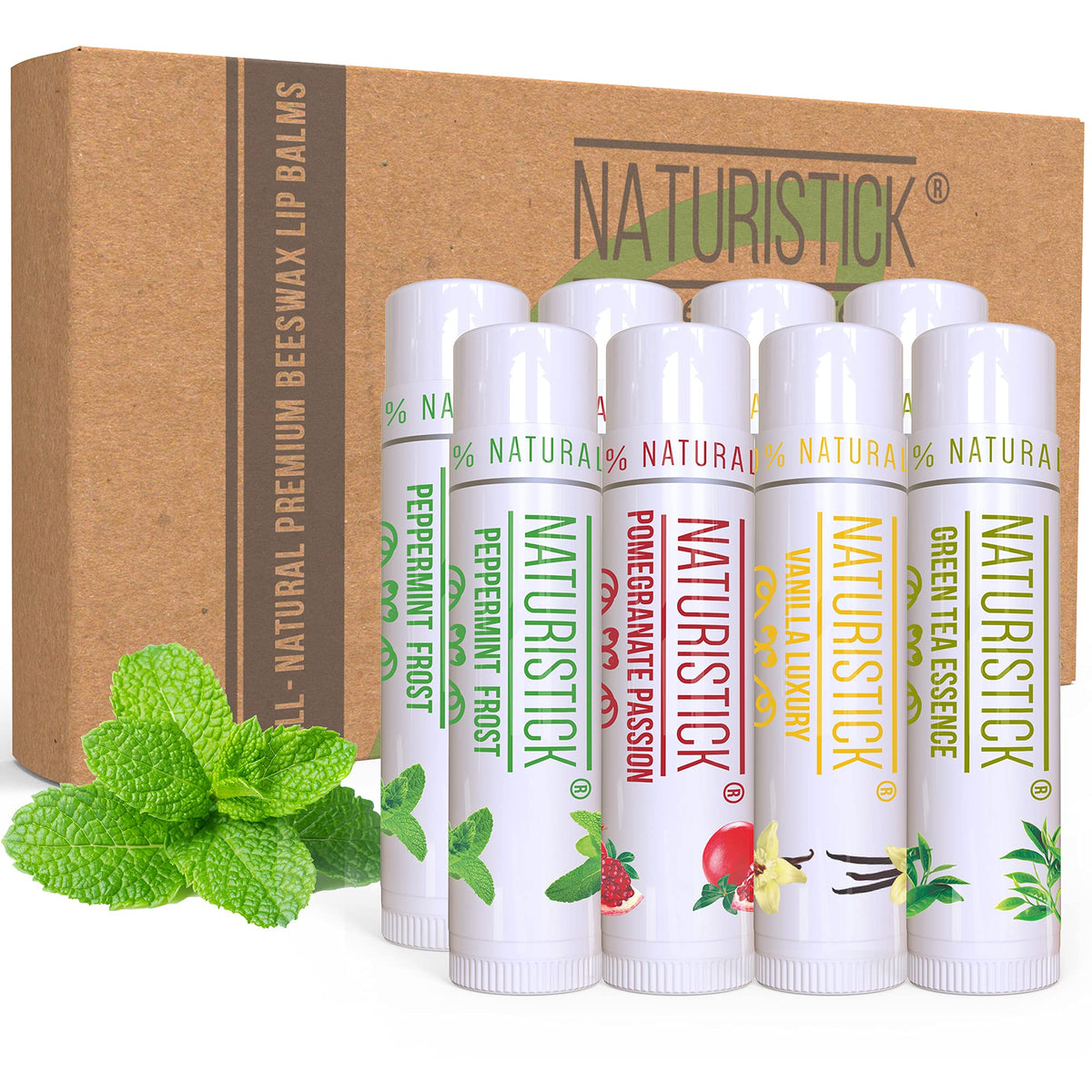 Naturistick front-packaging assortment showing eight flavored tubes and benefits