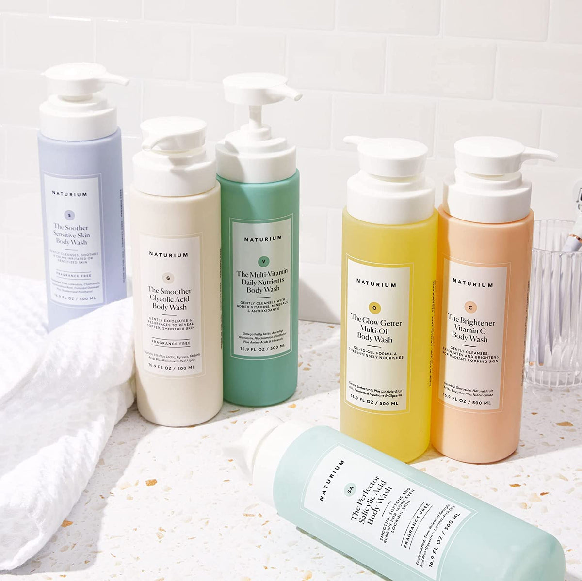 Naturium bottle styled on bathroom shelf suggesting daily routine
