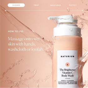 Naturium bottle in shower setting demonstrating in-shower use and everyday convenience