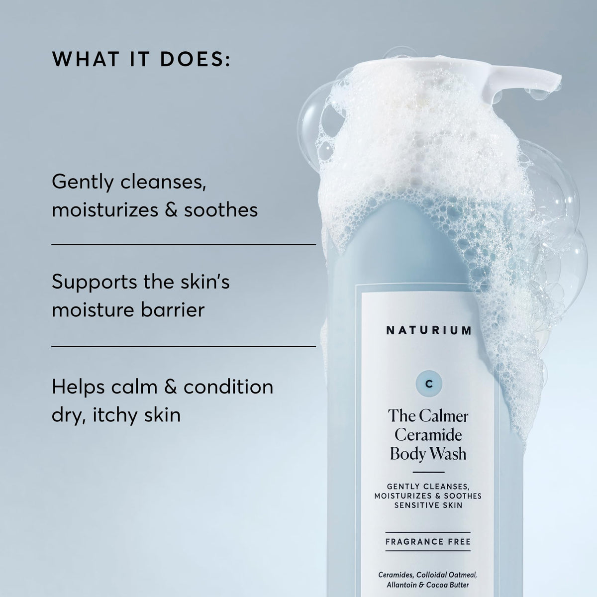 Naturium creamy foam texture on hand illustrating gentle moisturizing cleanse