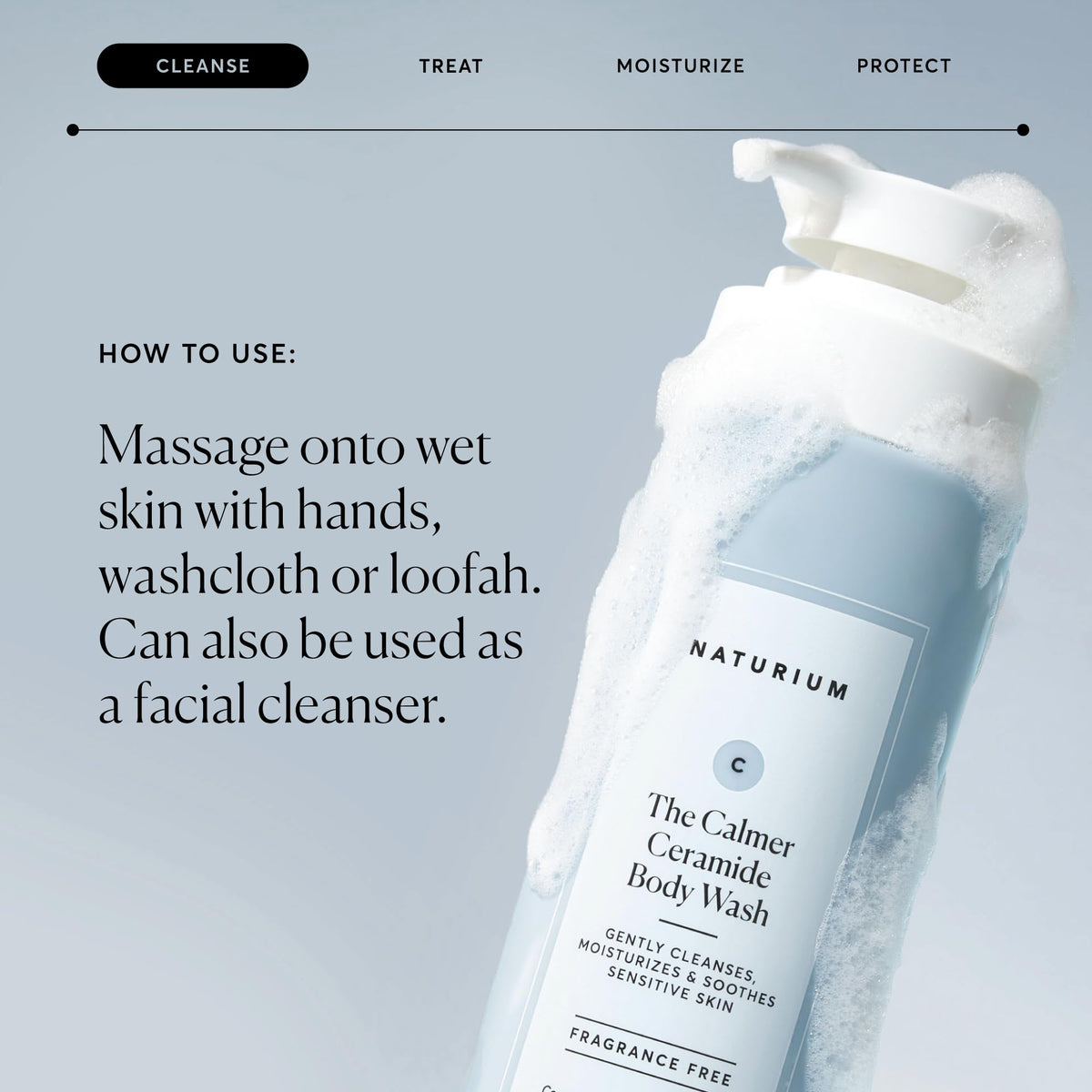 Naturium bottle next to washcloth demonstrating inclusion in daily shower routine