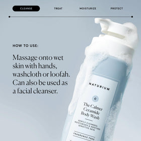 Naturium bottle next to washcloth demonstrating inclusion in daily shower routine