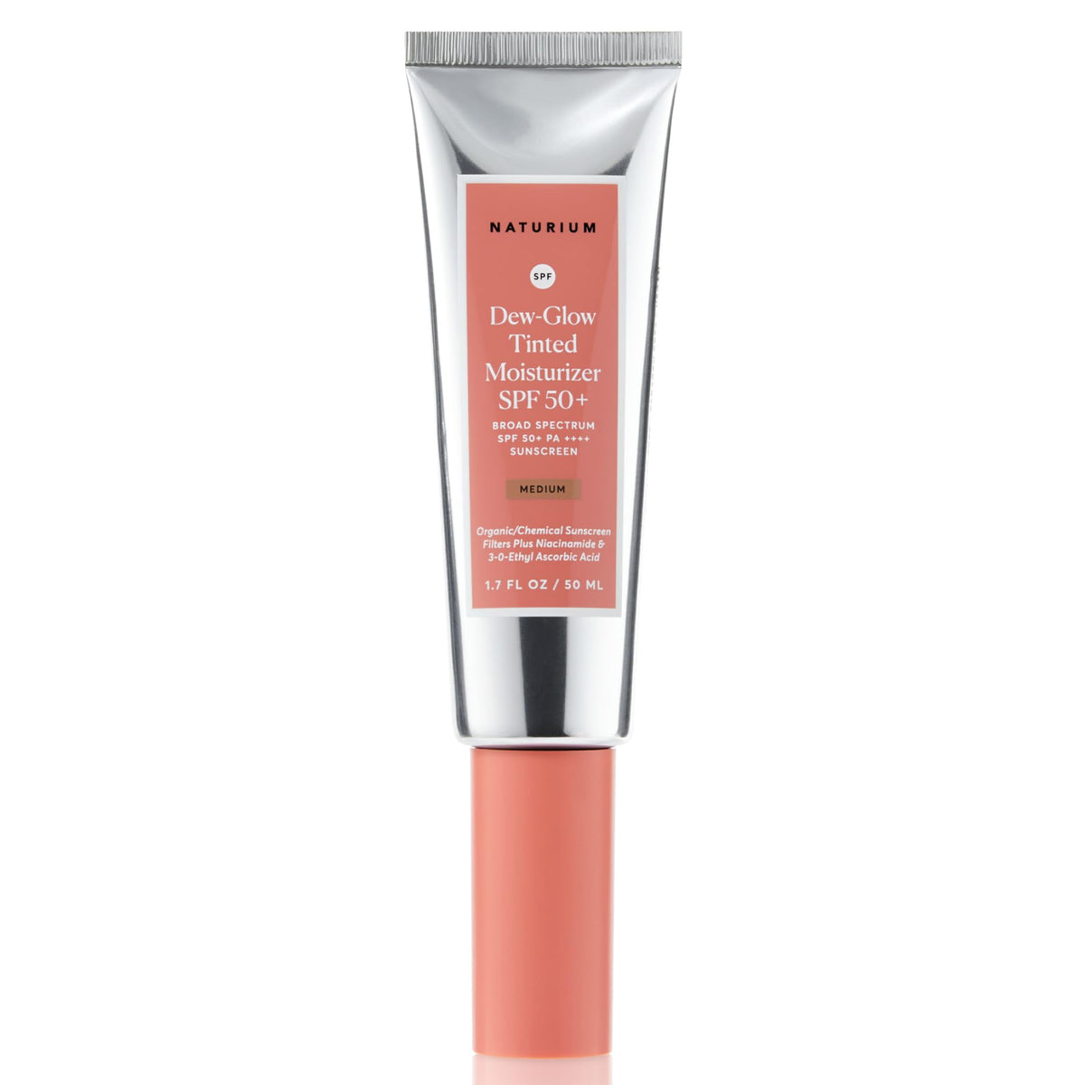 Naturium front packaging showing SPF 50+ protection and medium tint benefit