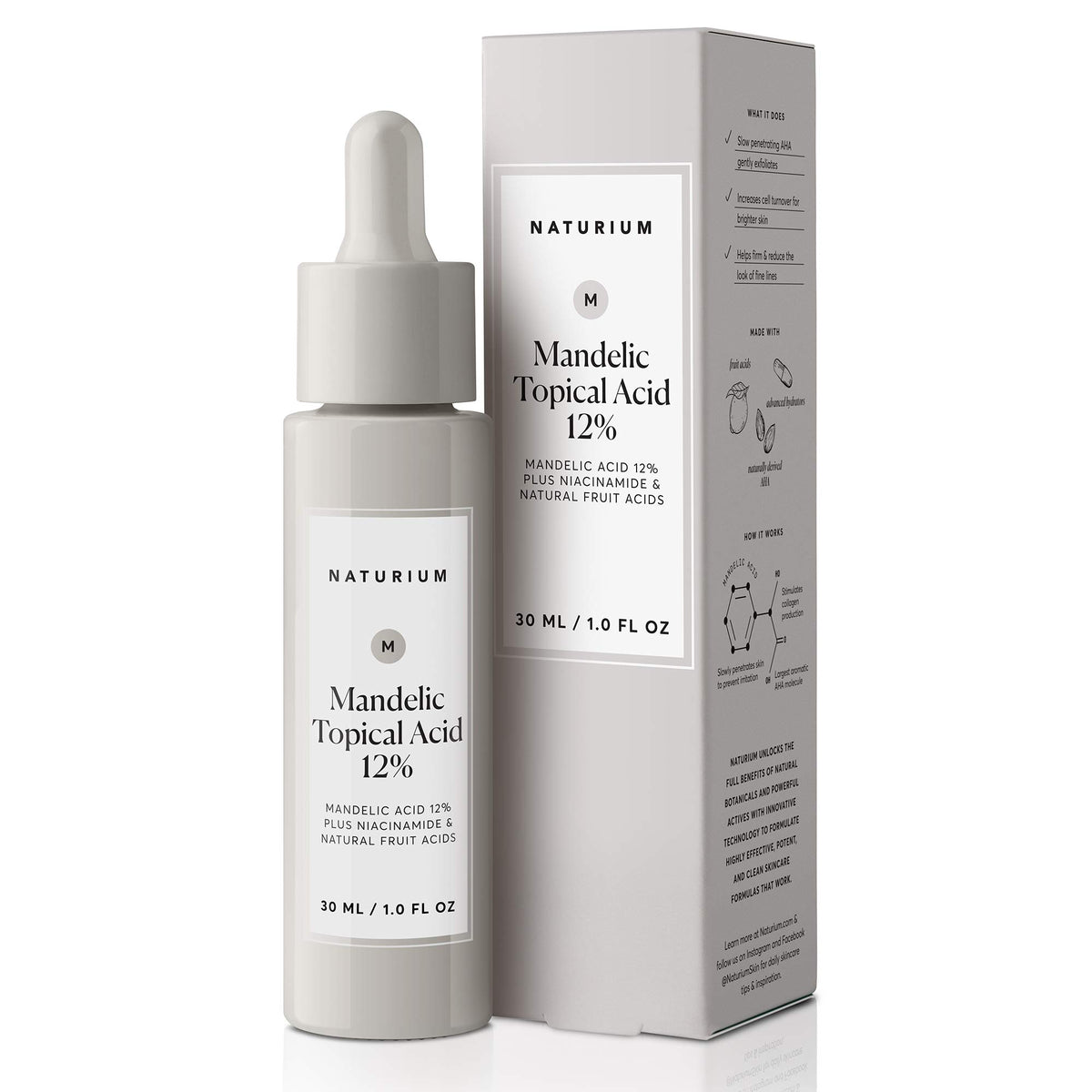 Naturium front bottle showing mandelic 12% label and clear benefit of gentle exfoliation