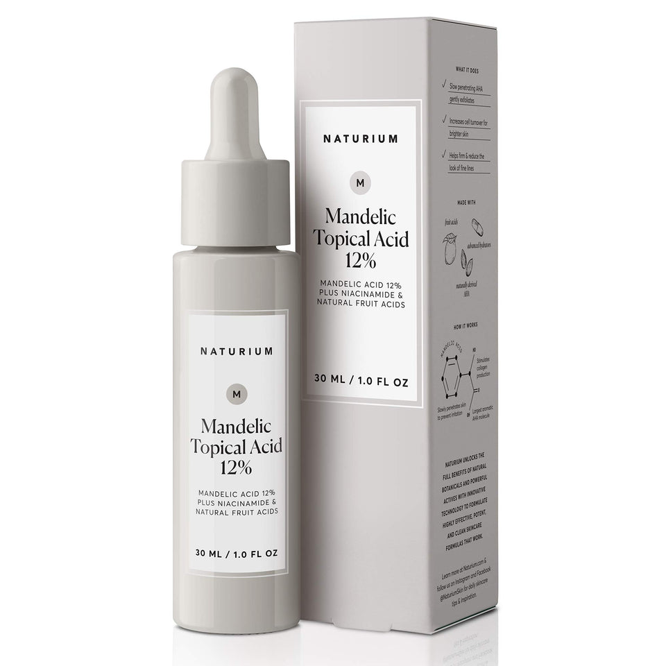 Naturium front bottle showing mandelic 12% label and clear benefit of gentle exfoliation