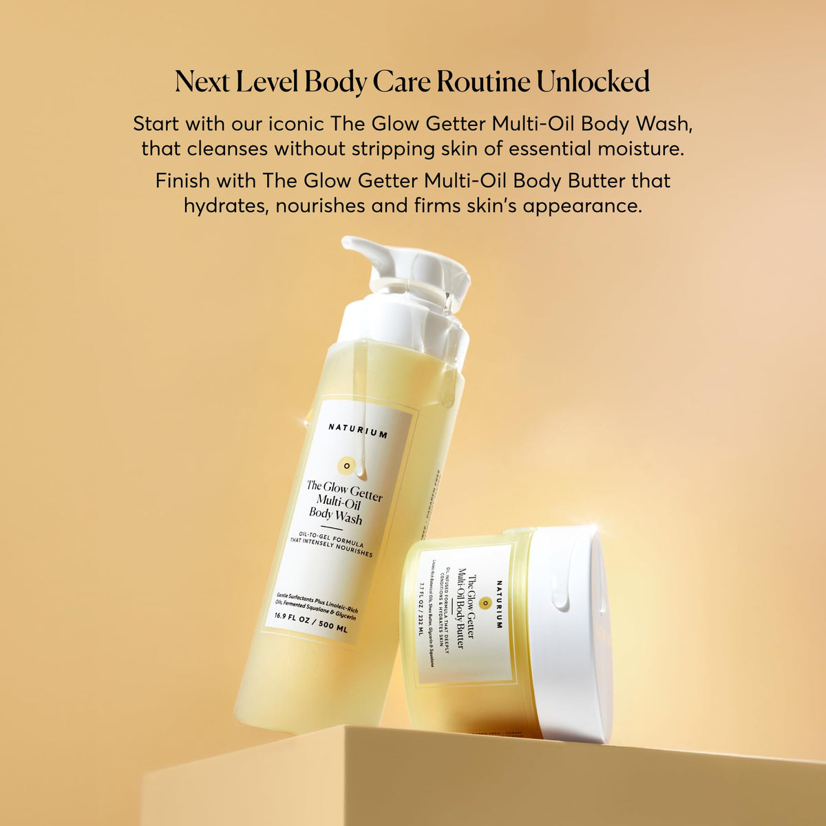 Naturium botanical oils and shea butter display highlighting nourishing blend