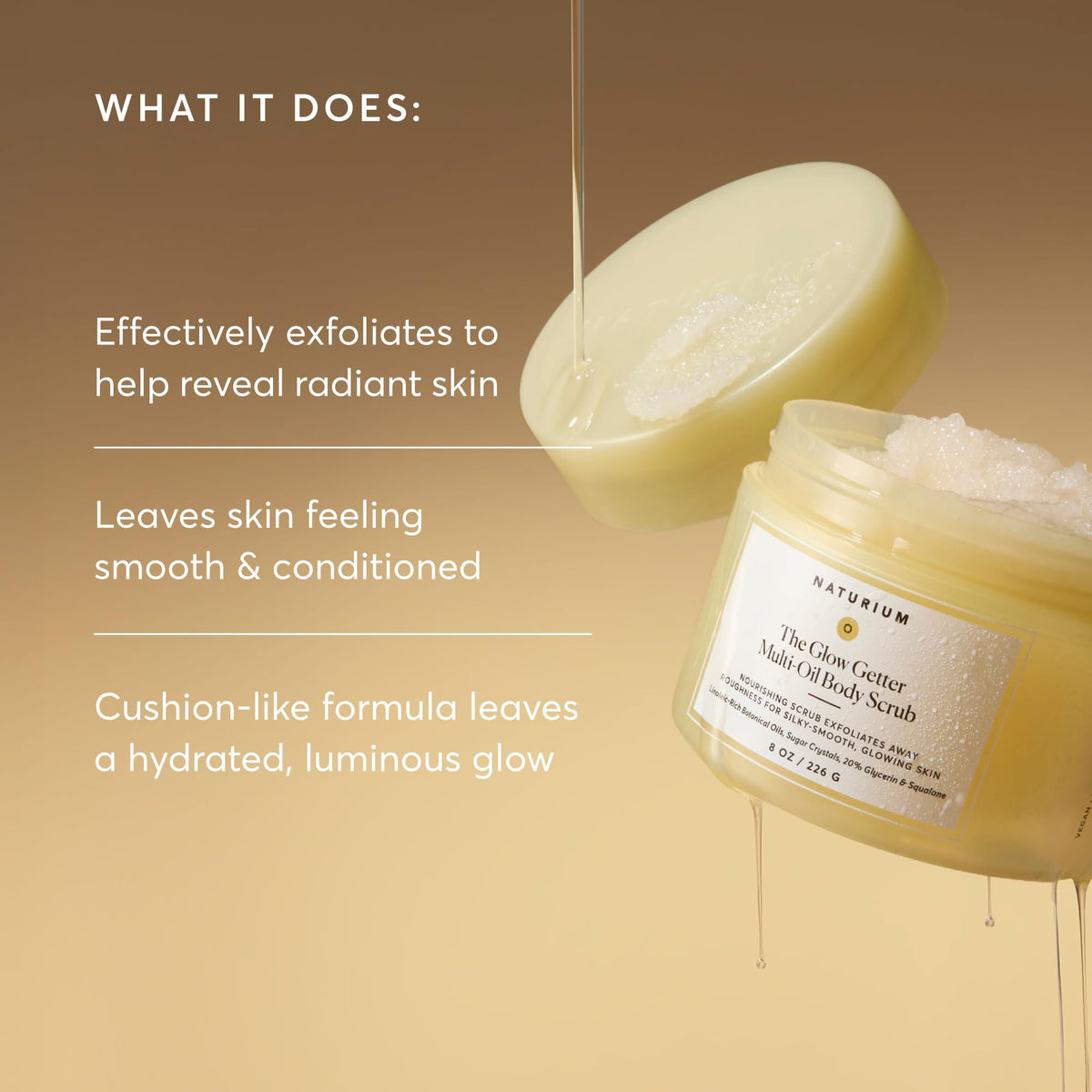 Detailed shot of Naturium scrub with botanical oils and sugar highlighting hydrating ingredients