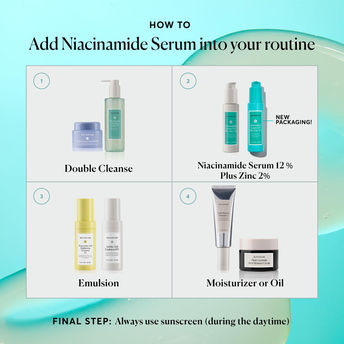 Naturium bottle on bathroom shelf in lifestyle scene conveying daily routine use