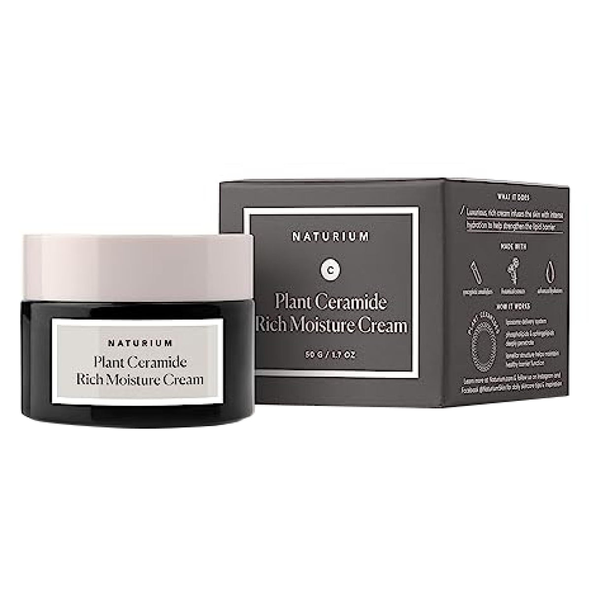 Naturium jar front view showing product and clear label, hydrates skin barrier