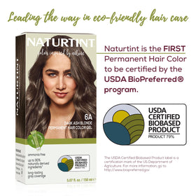 Naturtint color swatch on a hair strand demonstrating dark ash blonde result