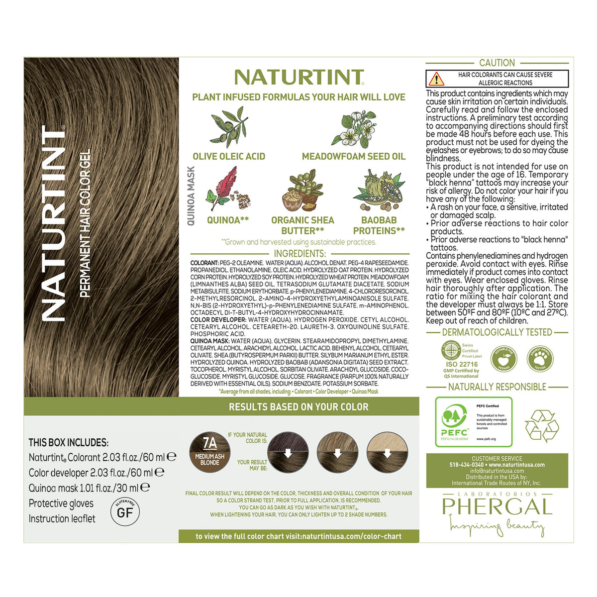 Before-and-after hair photos with Naturtint 7A, brand shows reduced brassiness and even coverage