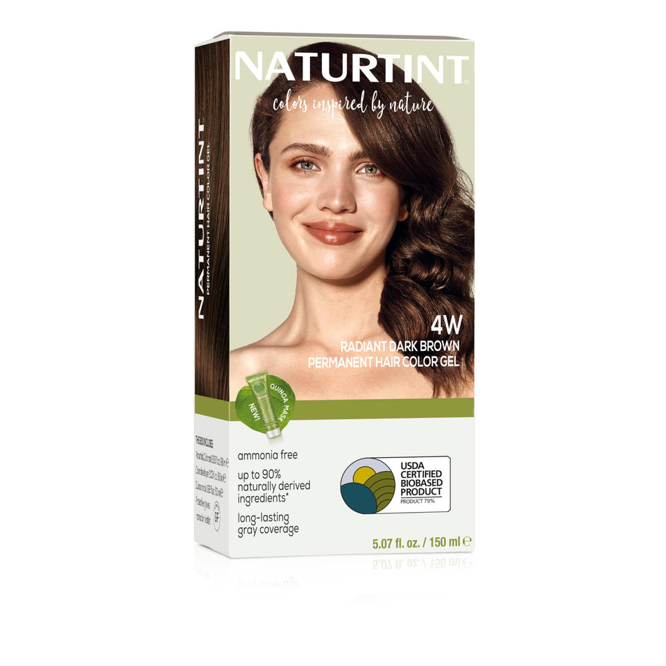 Naturtint front packaging showing shade 4W Radiant Dark Brown and benefits