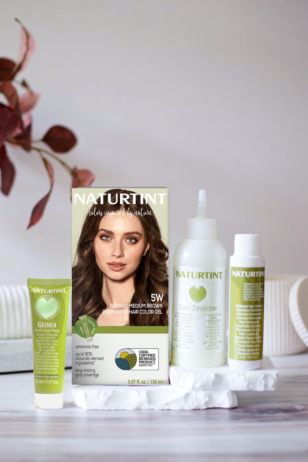 Naturtint kit contents displayed with cream and developer for easy application