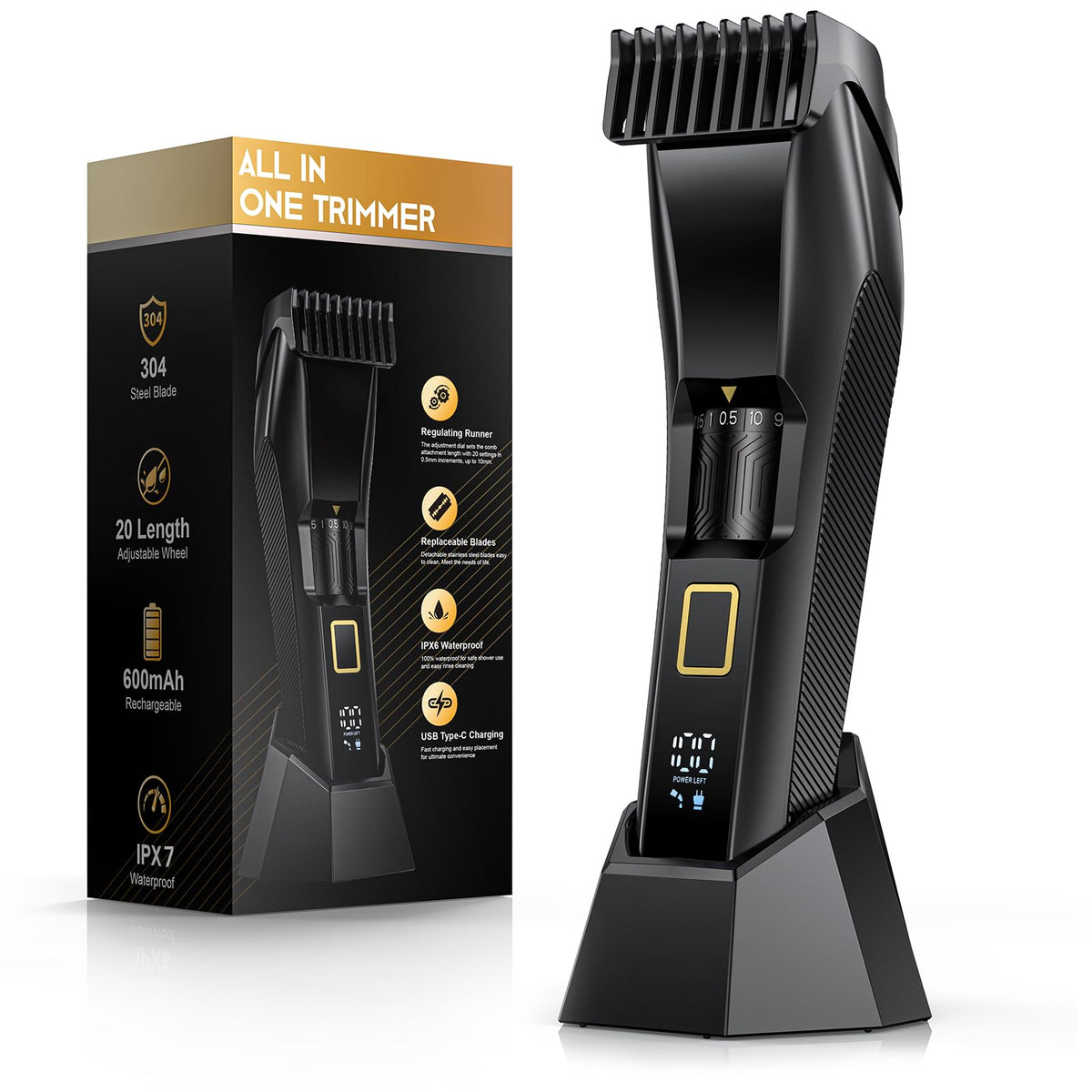 NAUQUOHZ front view of trimmer showing sleek design and controls for precise grooming