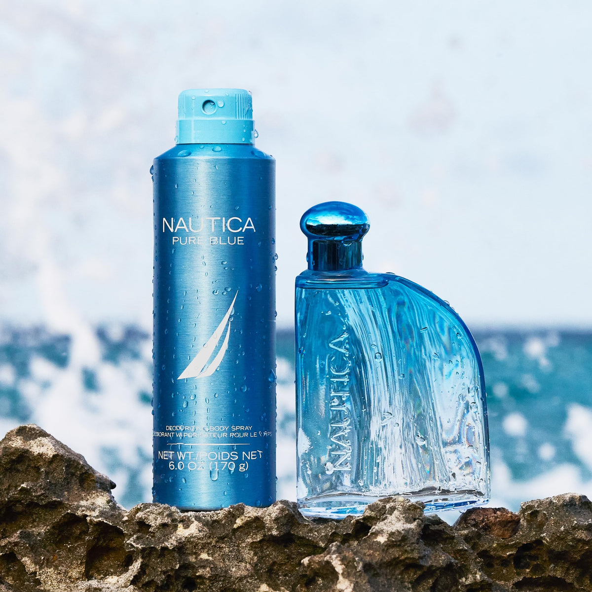 Detailed bottle texture of Nautica Pure Blue emphasizing durable, travel-ready design