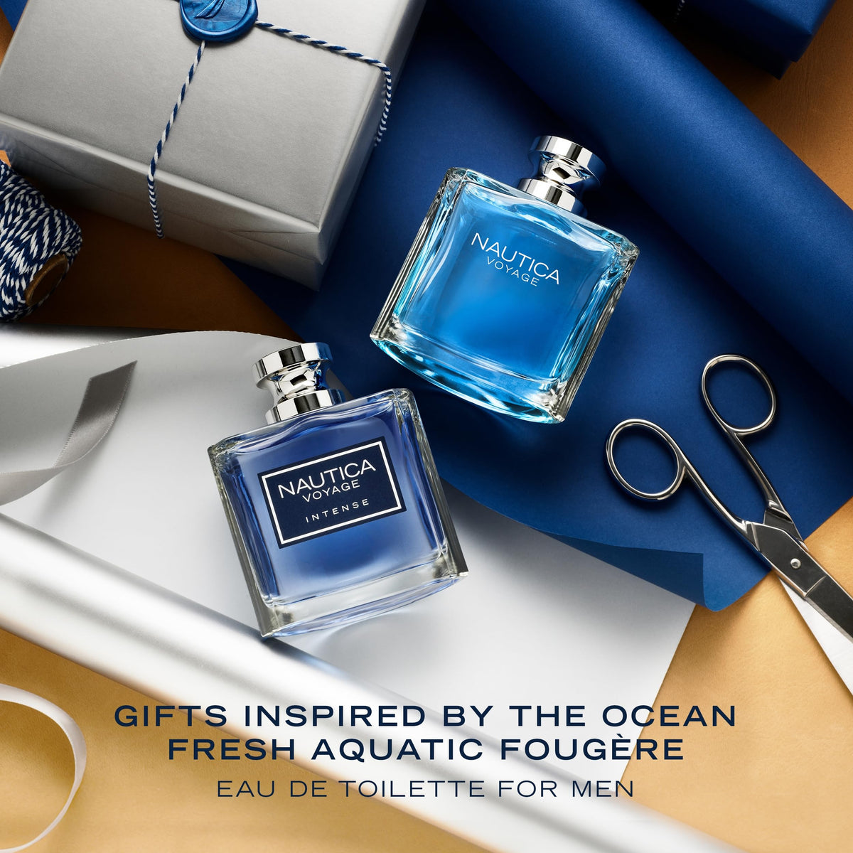 Nautica Voyage Intense placed in a bathroom travel bag showing portability benefit
