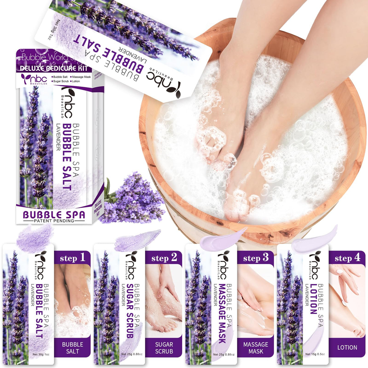 nbc BeautiLab lavender boxed kit front view showing contents and calming scent benefit