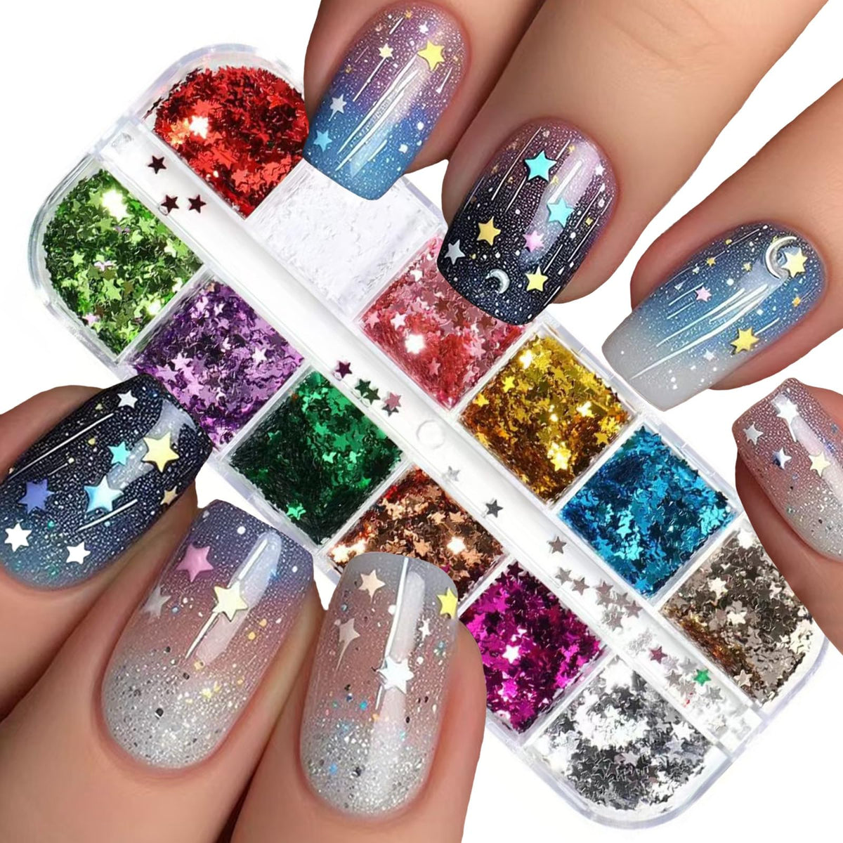 NBNTGH front packaging showing 12-color star glitters for versatile designs