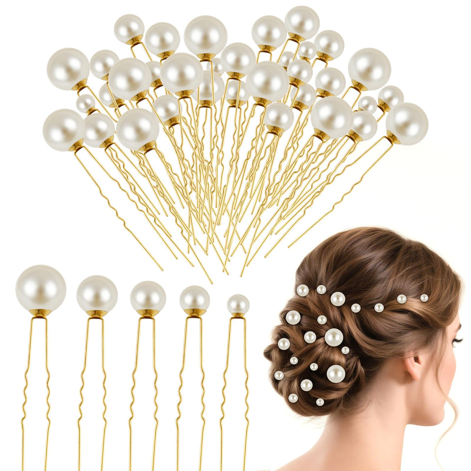 NEBURORA front view of 36-piece gold pearl hairpin set showing all pins