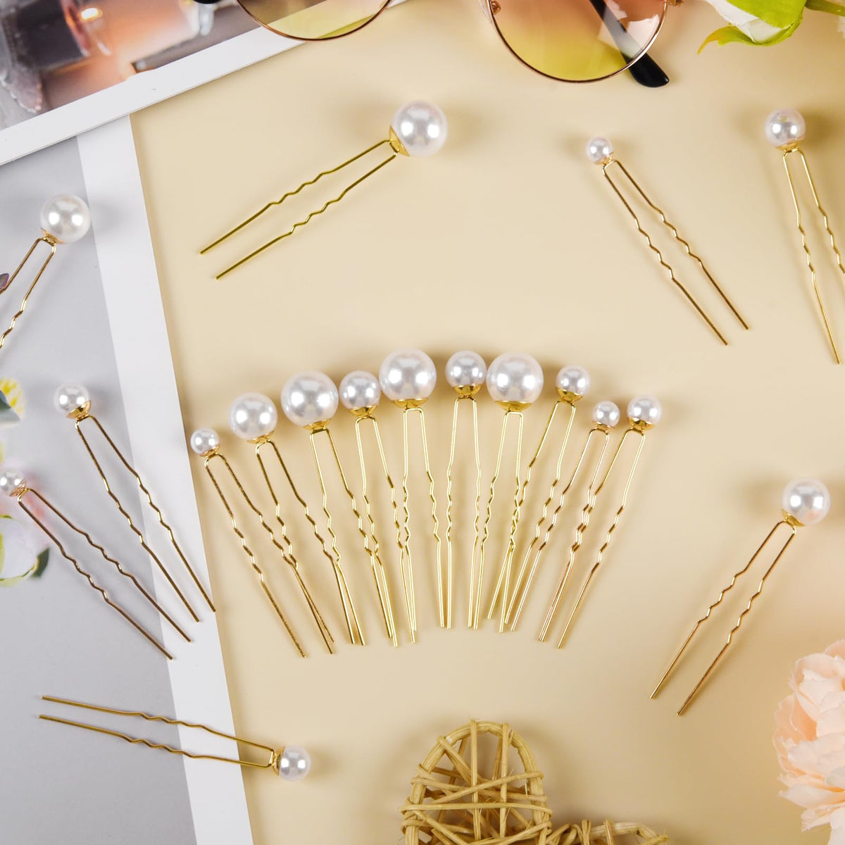 NEBURORA hairpins placed in styled bridal hair for polished finish