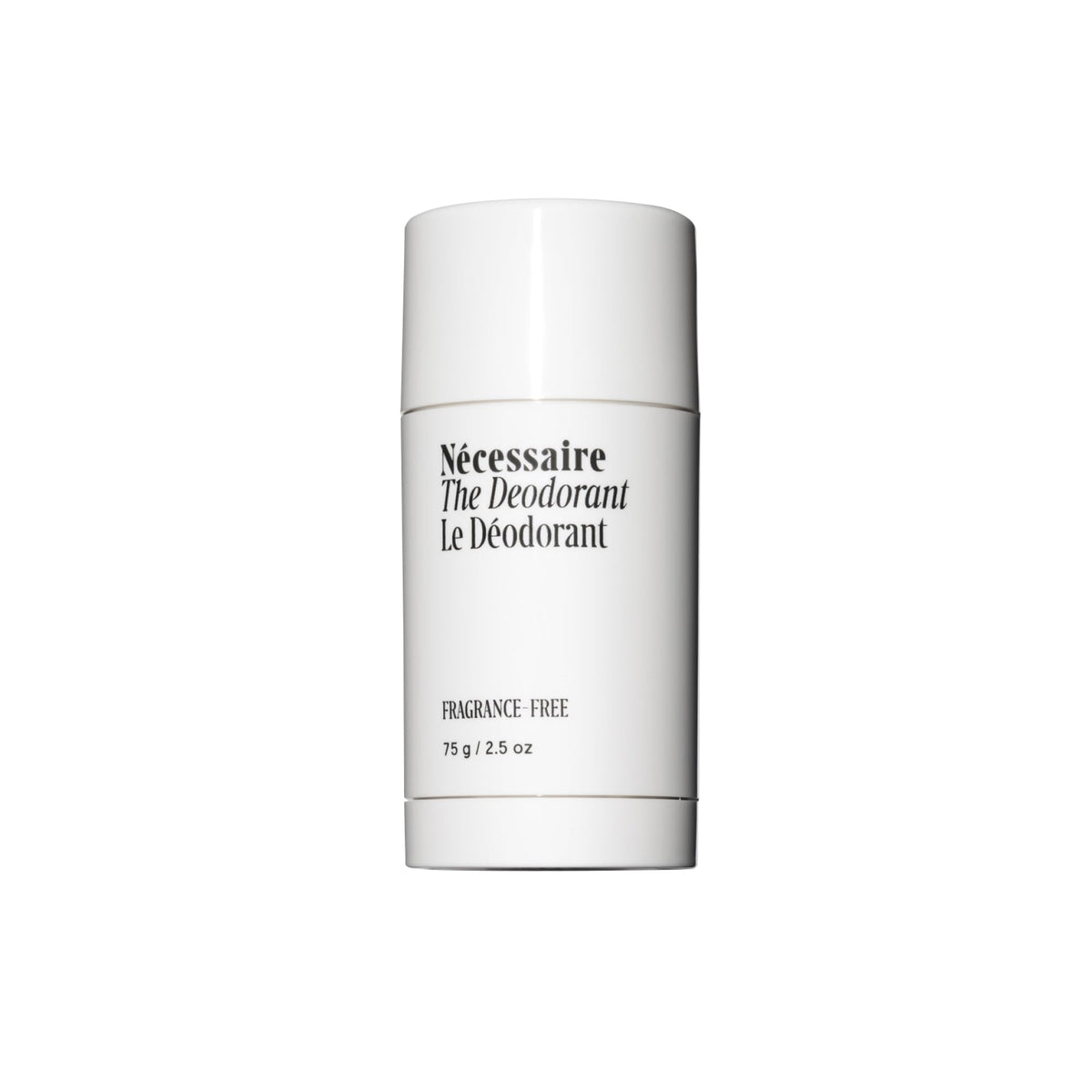 Nécessaire front view of deodorant stick showing clean packaging and benefit