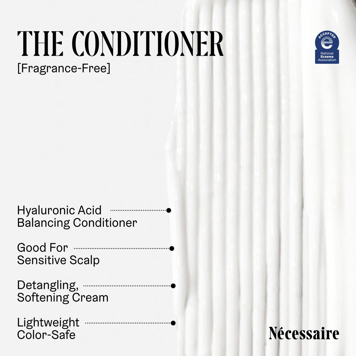Nécessaire Hair Duo staged on a bathroom shelf conveying everyday routine