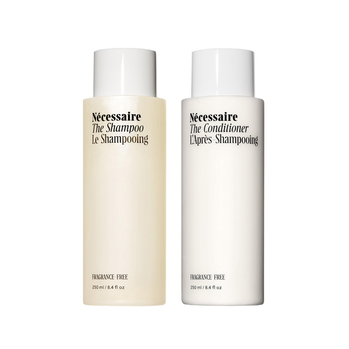 Nécessaire duo front packaging showing both full-size bottles and benefits