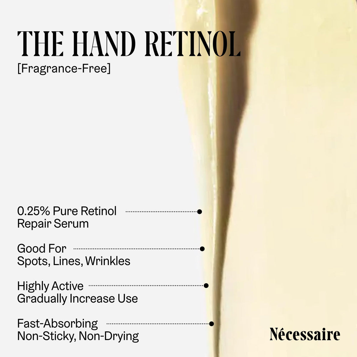 Nécessaire hand retinol application closeup on back of hand showing hydration