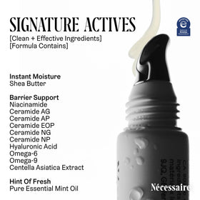 Nécessaire balm applied to lips demonstrating cooling mint sensation and subtle semi-gloss