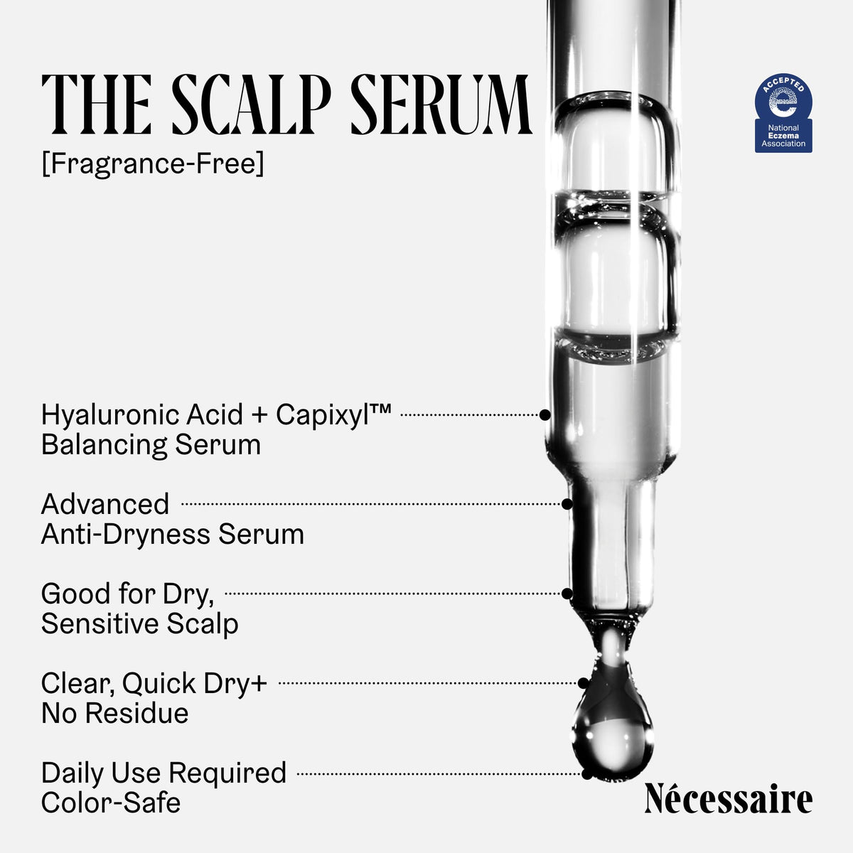 Nécessaire scalp serum being applied to roots with pipette, demonstrating easy targeted application and non-greasy finish