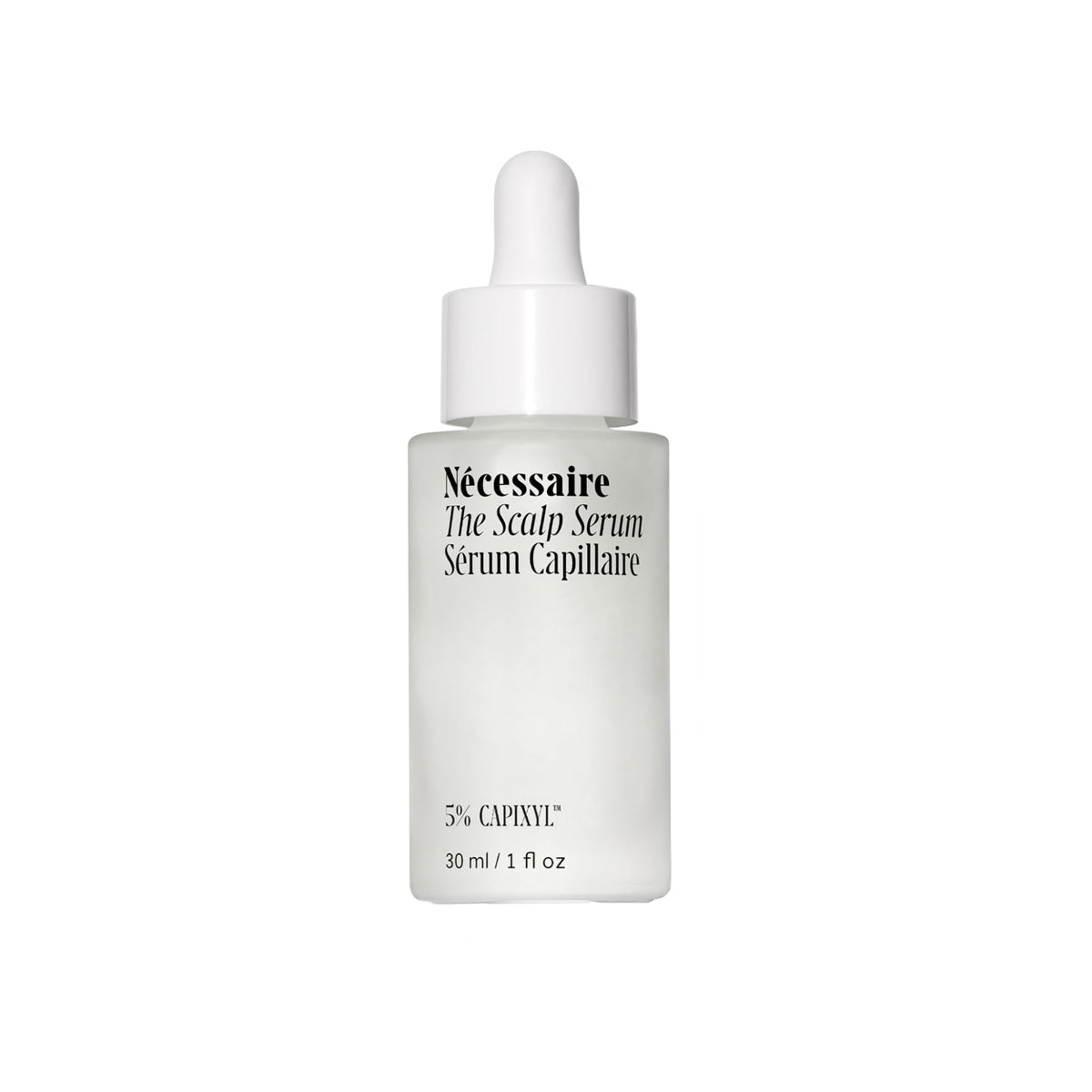 Nécessaire scalp serum front packaging showing the recyclable glass bottle and product name, communicates clean care