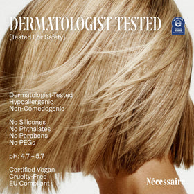 Nécessaire scalp serum label detail highlighting key actives like 5% Capixyl and 1% hyaluronic acid for clarity