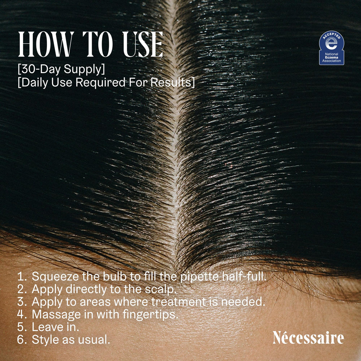Nécessaire scalp serum droplet on fingertip showing lightweight, fast-absorbing texture for comfortable wear