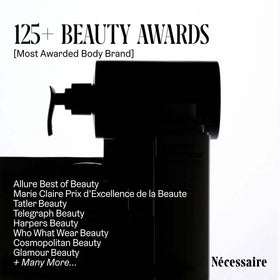 Nécessaire bottle beside common items showing 8.4 fl oz scale