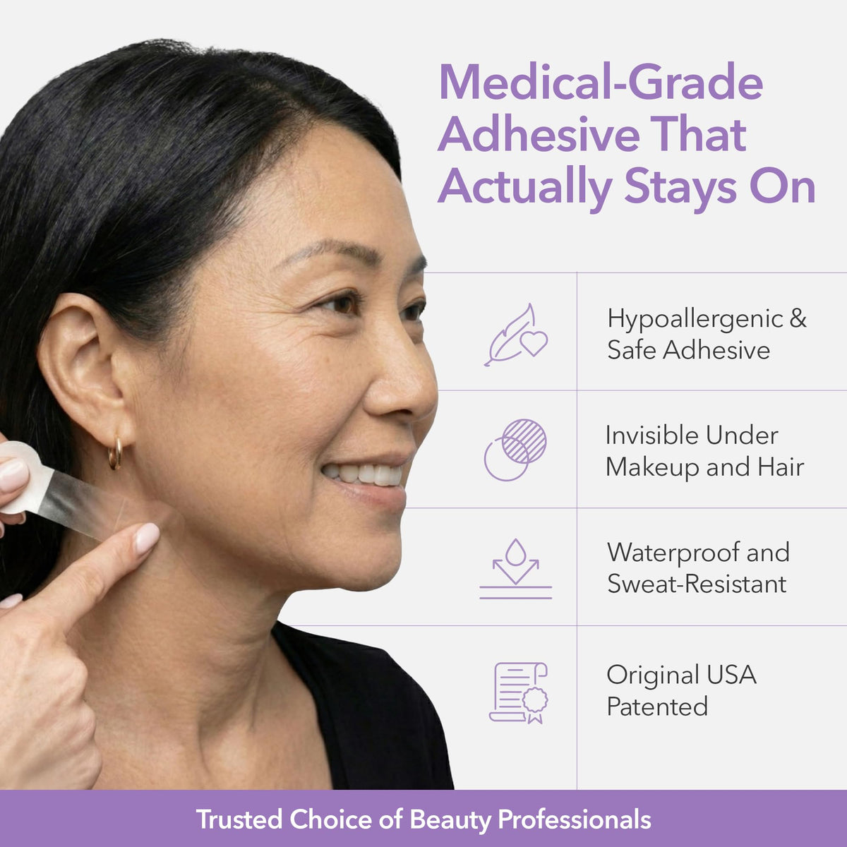NECK LESS label and packaging details showing medical-grade adhesive