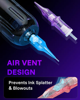 Neebol cartridge attached to tattoo pen showing in-use stability benefit