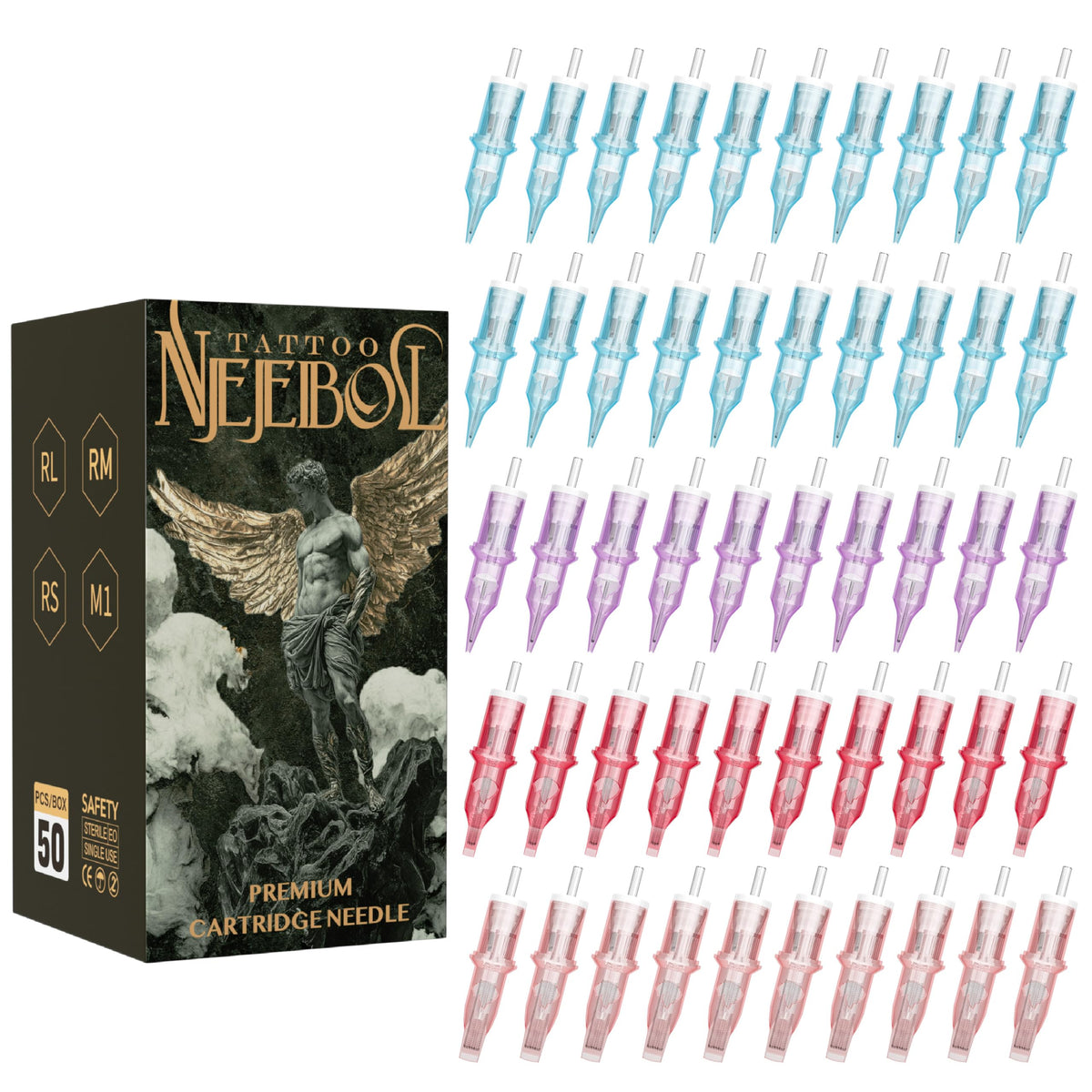 Neebol front packaging showing 50-piece mixed cartridges and kit clarity