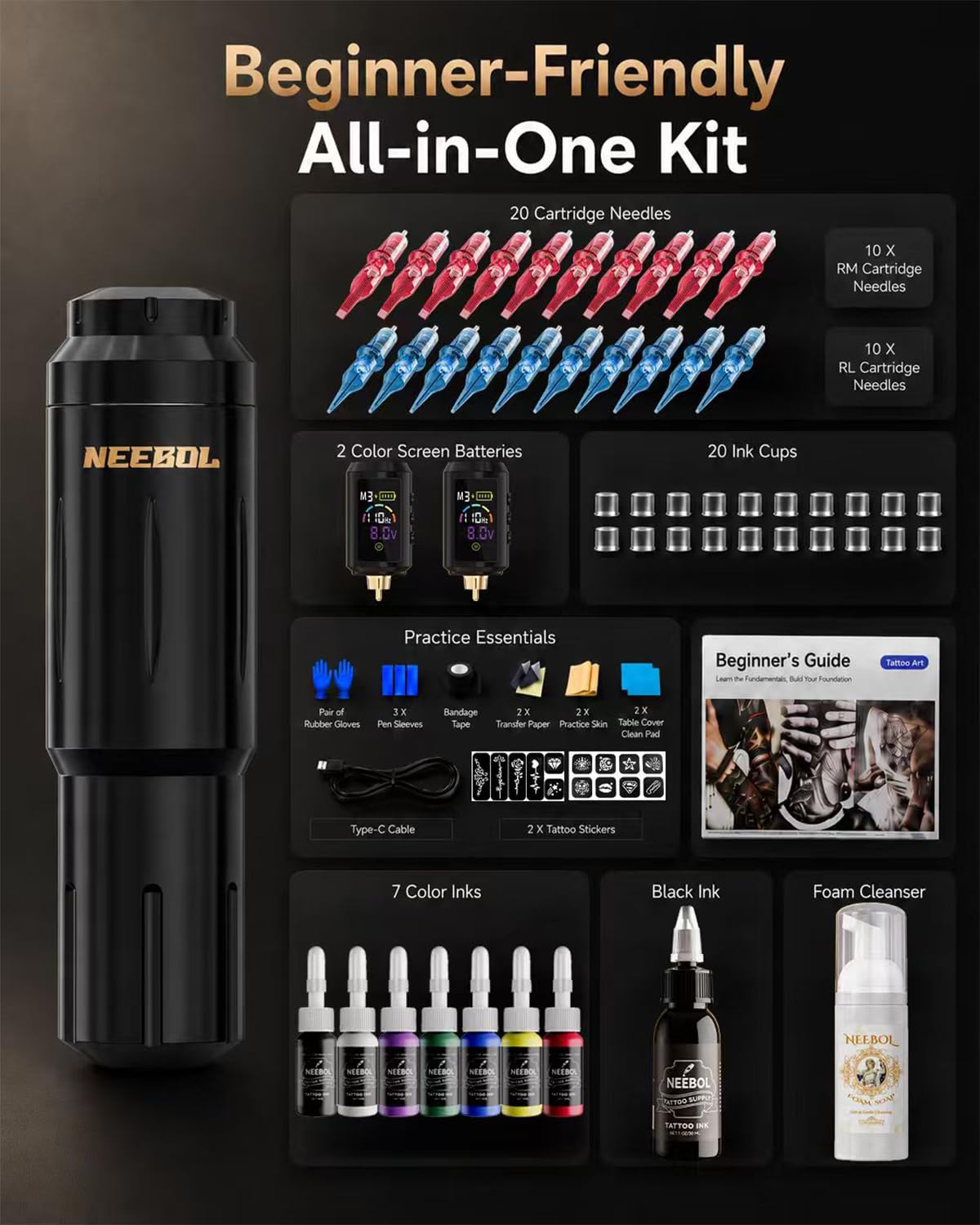 Neebol ink set with multiple colors and 30ml black for outlining