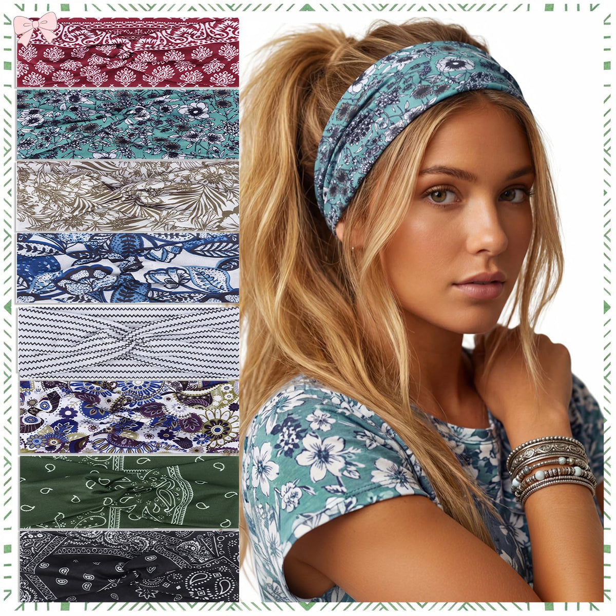 Needbrock front view of eight boho headbands neatly arranged showing colors and knots, stylish storage benefit