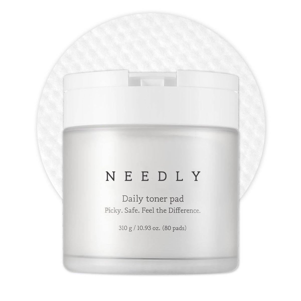 NEEDLY front packaging showing pad jar and label, highlights convenience