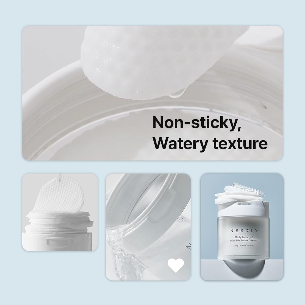 NEEDLY pad application on cheek demonstrating easy wipe-on exfoliation and calming