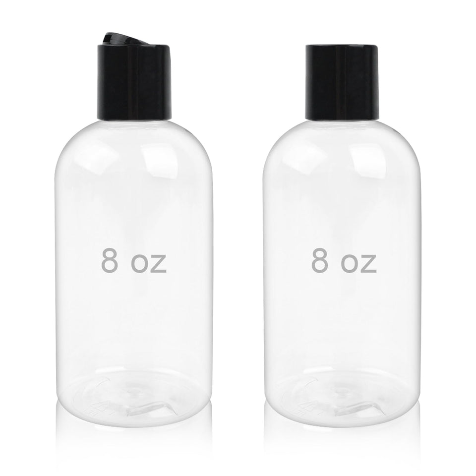 Neendohome front view of two clear 8oz bottles showing travel-ready ease