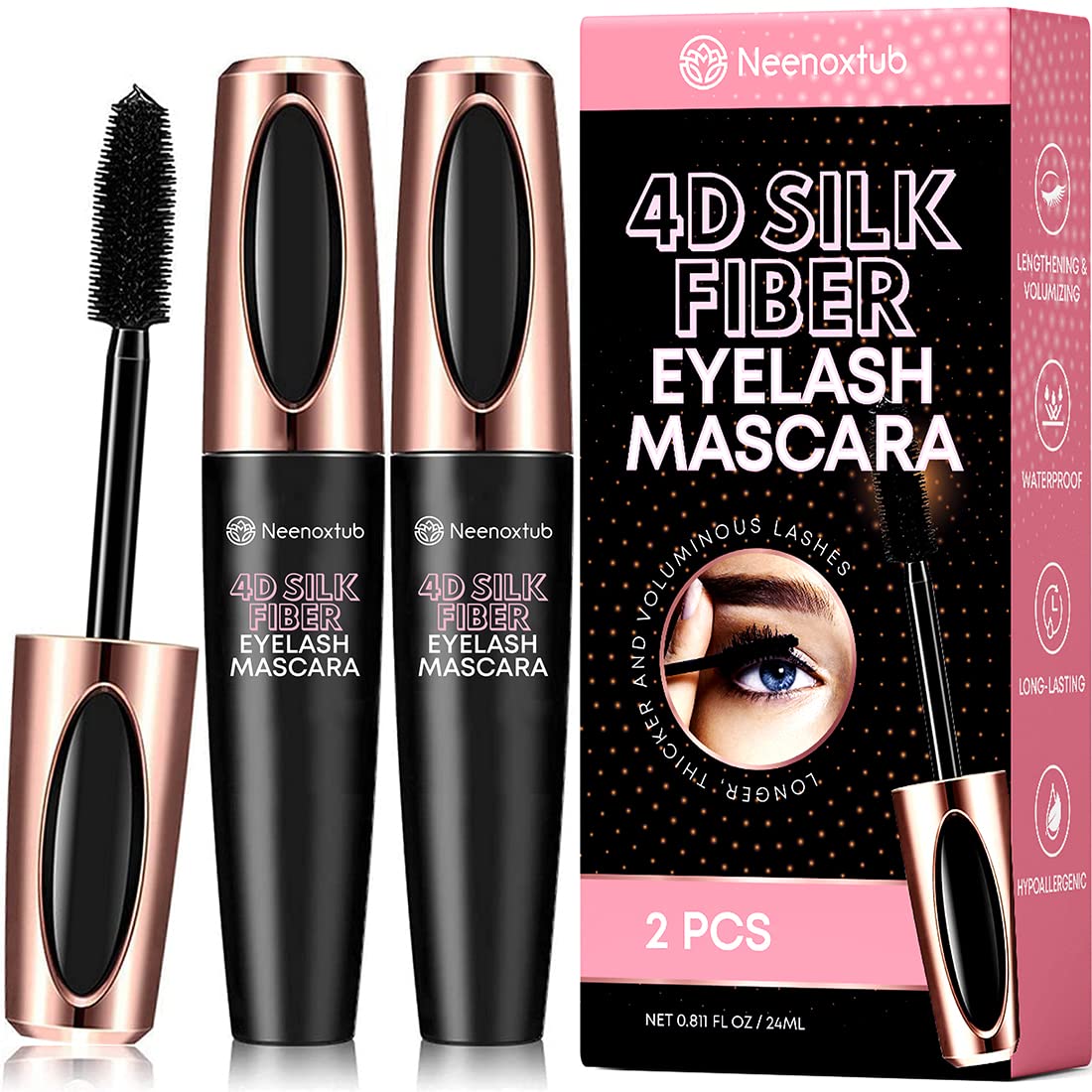 Neenoxtub front packaging showing two black mascara tubes and product name benefits