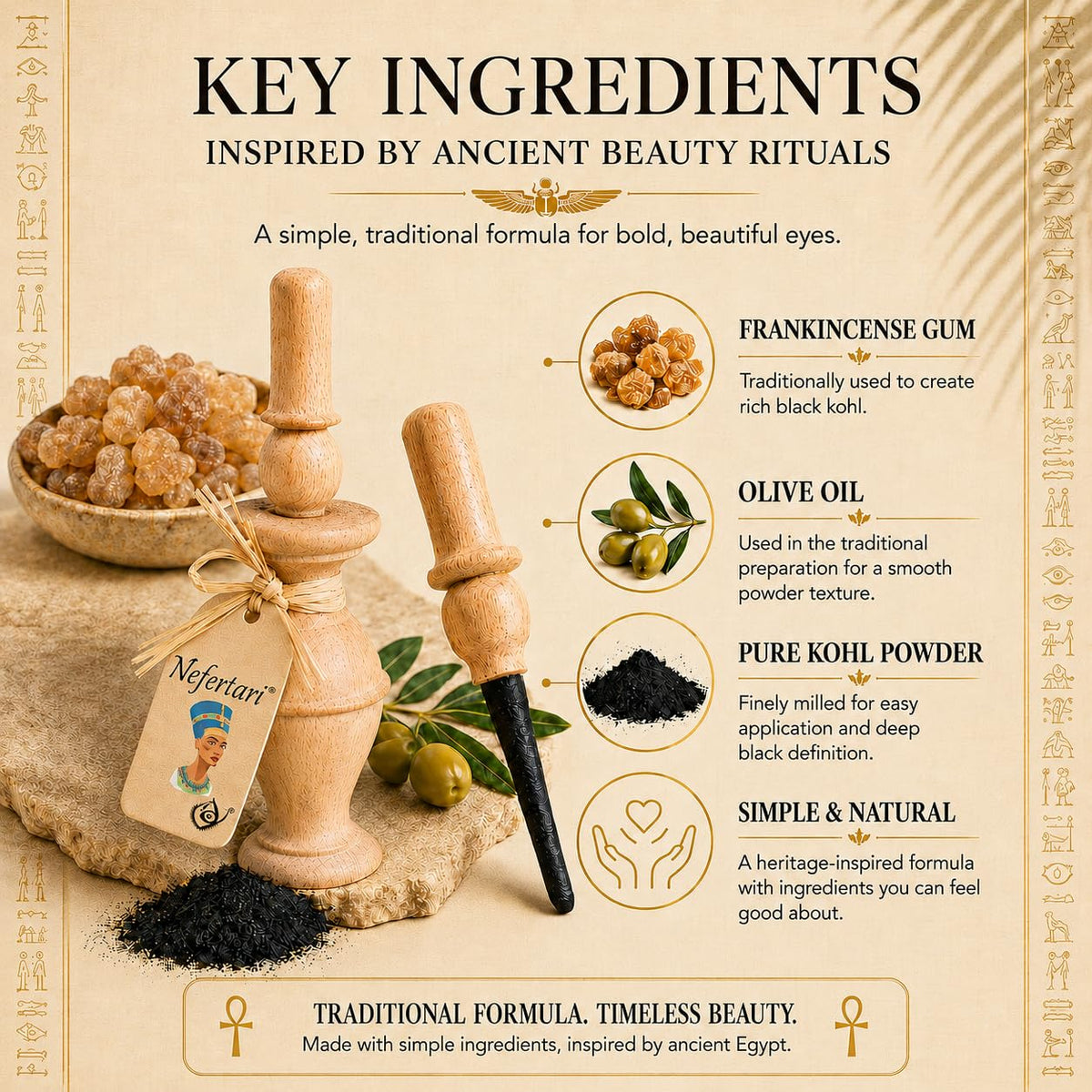 Nefertari label closeup showing natural ingredients and purity