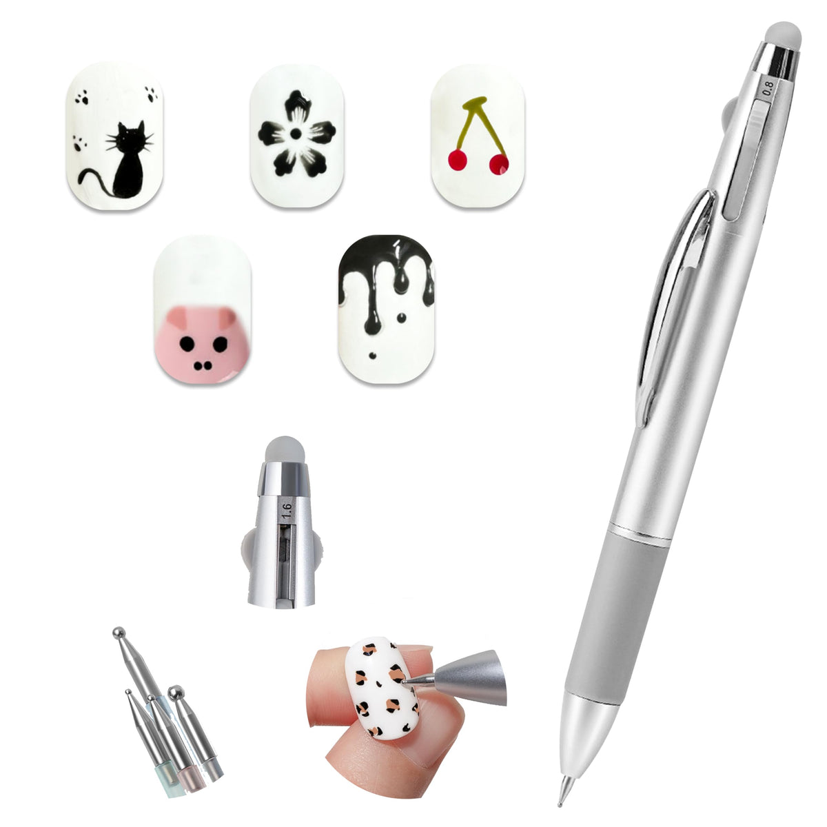 Nelrona front view of 5-in-1 dotting pen showing all ends, improves workflow