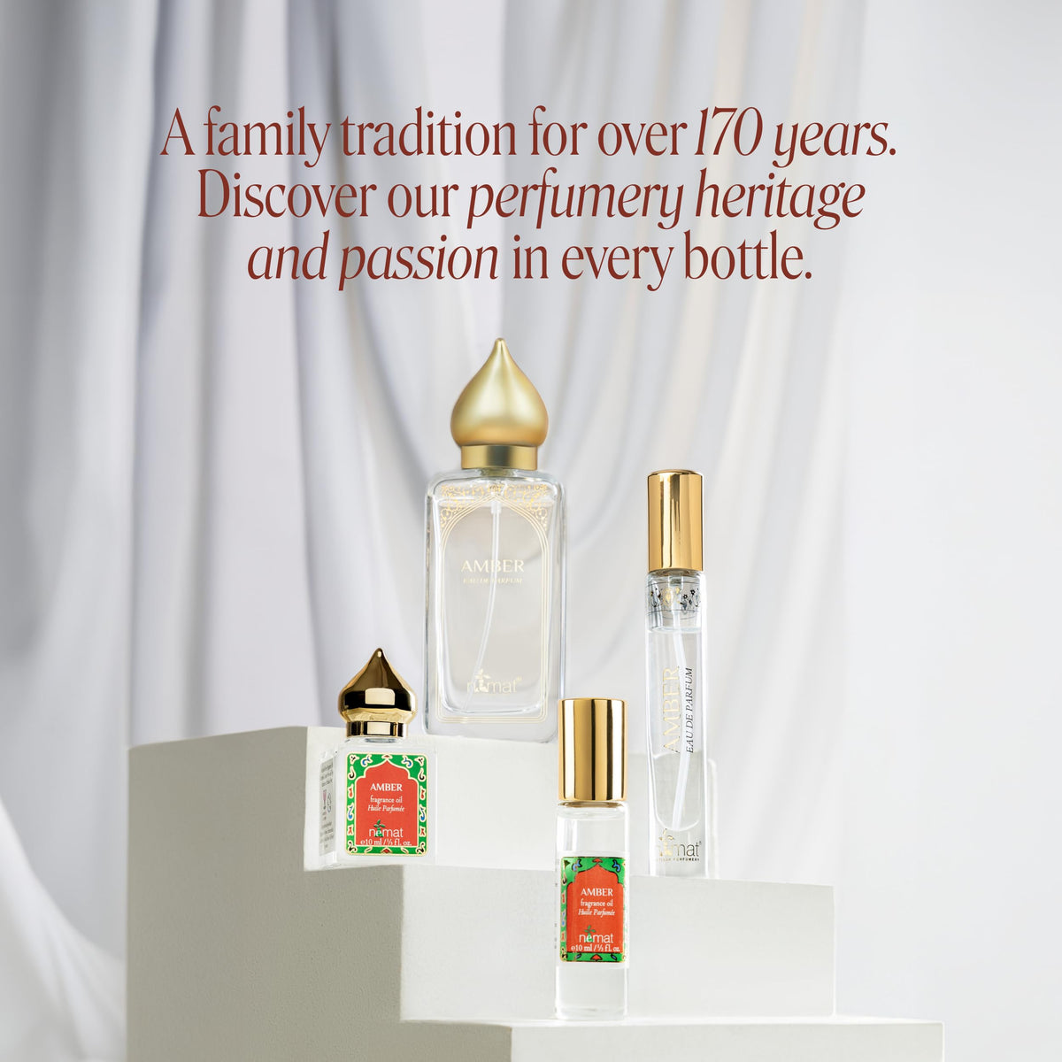 Nemat amber packaging flatlay illustrating sustainable, gift-ready presentation