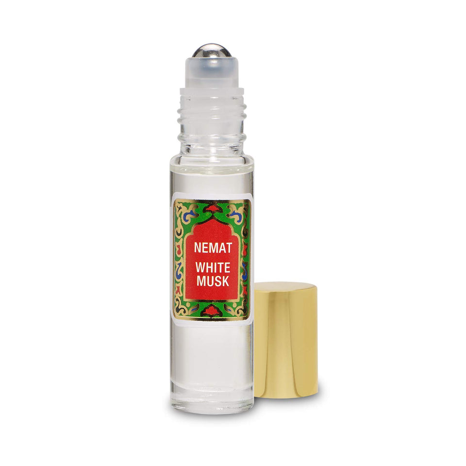 Nemat White Musk roll-on bottle front view showing compact glass and label