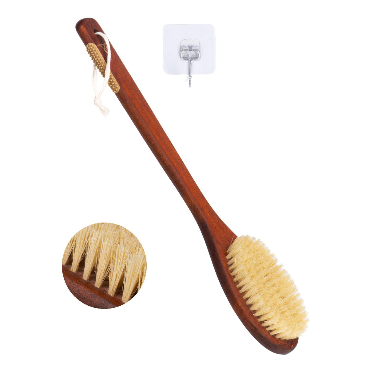 NENO CICI front view wooden bath brush showing full shape and hook benefit